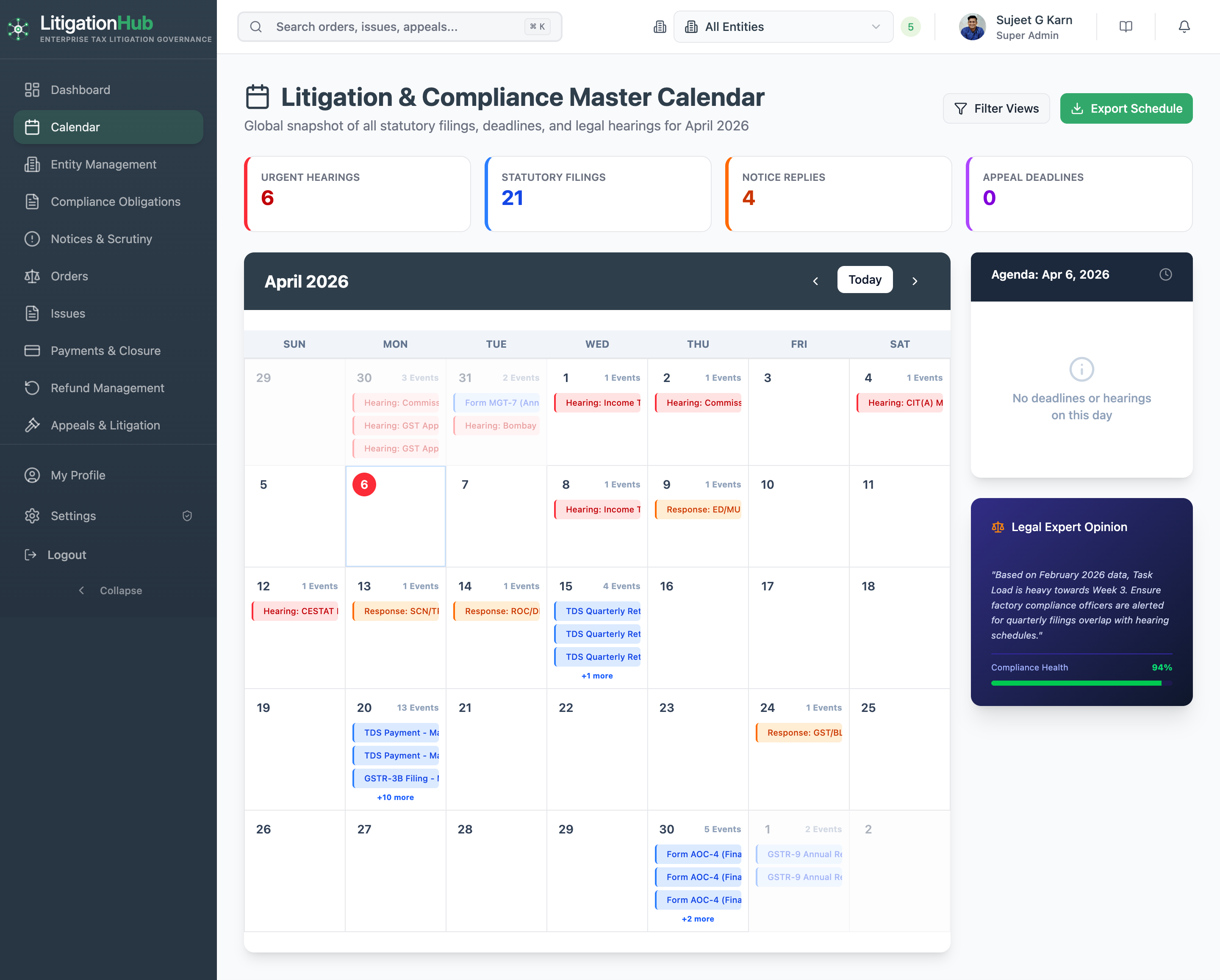 Litigation Hub Calendar — Hearing dates, compliance deadlines, and appeal timelines